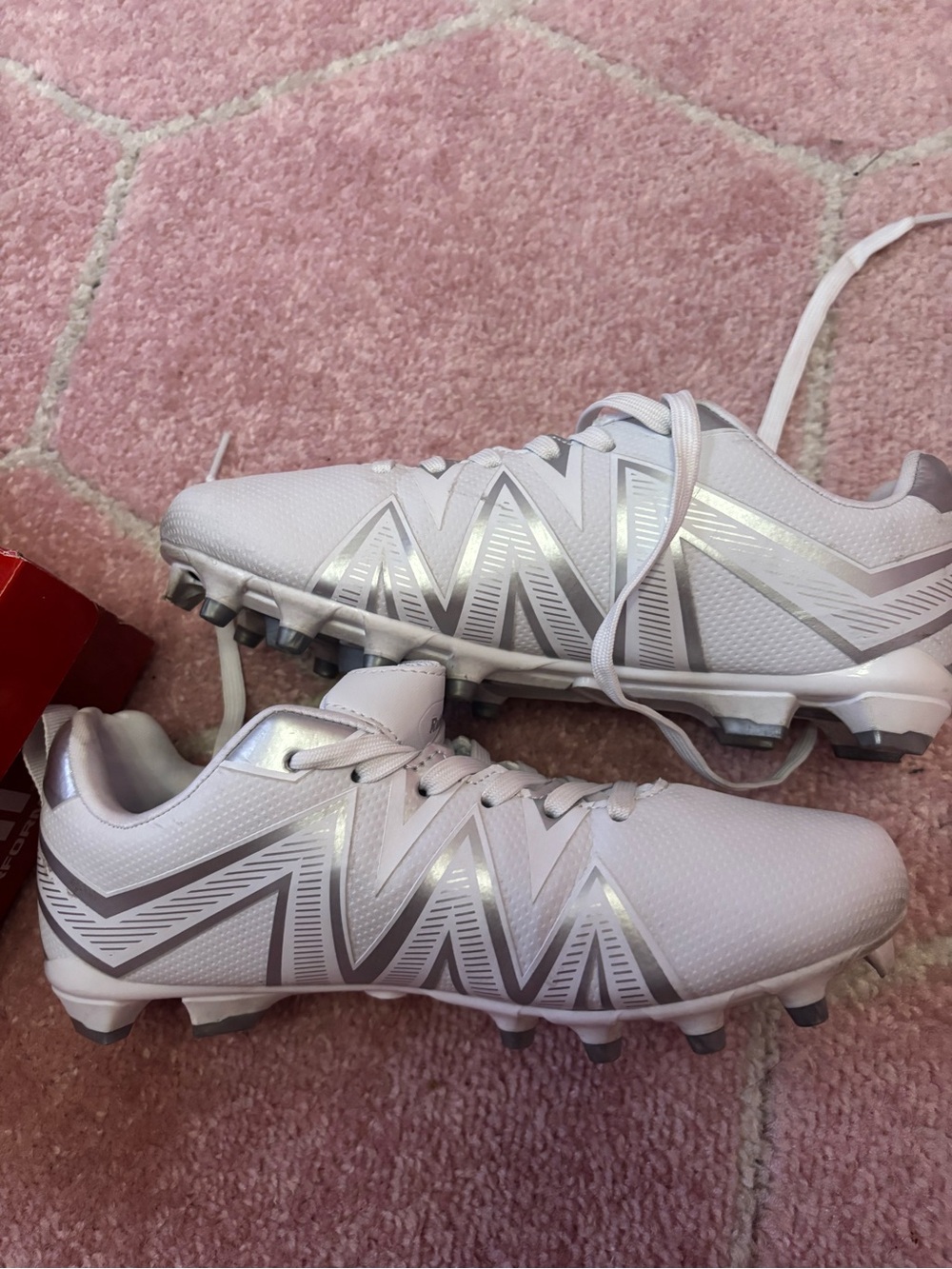Kids White Athletic Cleats with Metallic Silver Accents